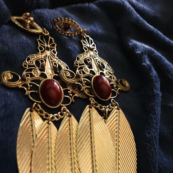 Ornate Statement Earrings Brass Feathers Etched with Blood Red Cabochon Stones - Picture 3 of 6